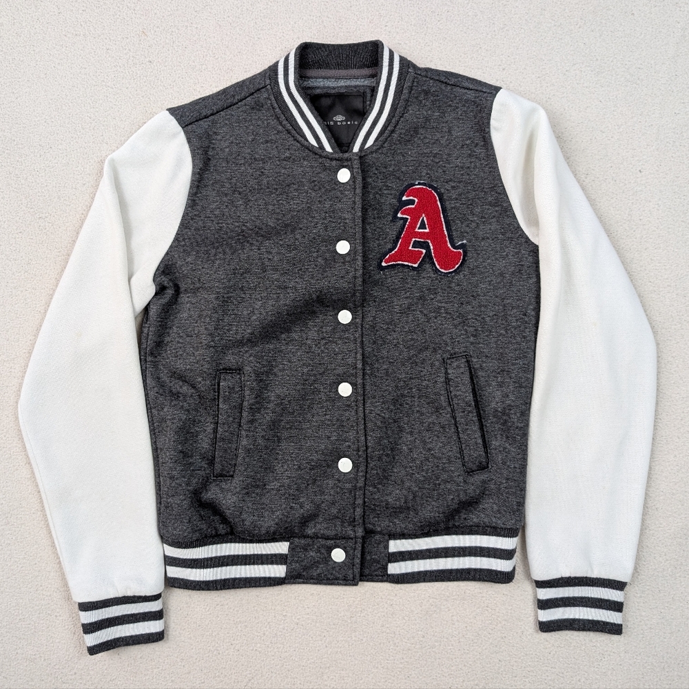 Iris Basic Fleece Snap Front Letterman "A" Jacket White Grey Women's M Varsity